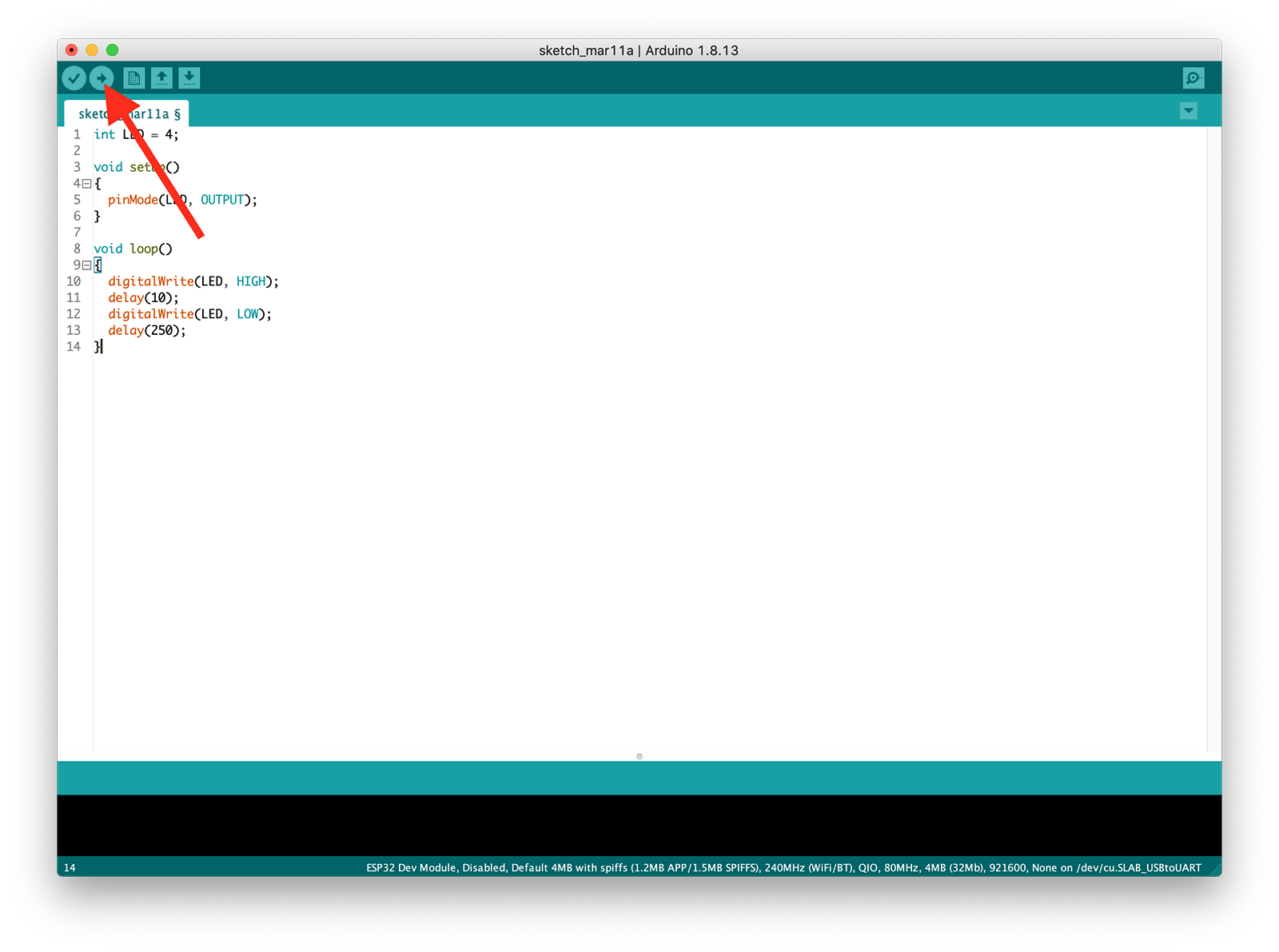 The arrow button uploads the code to the microcontroller