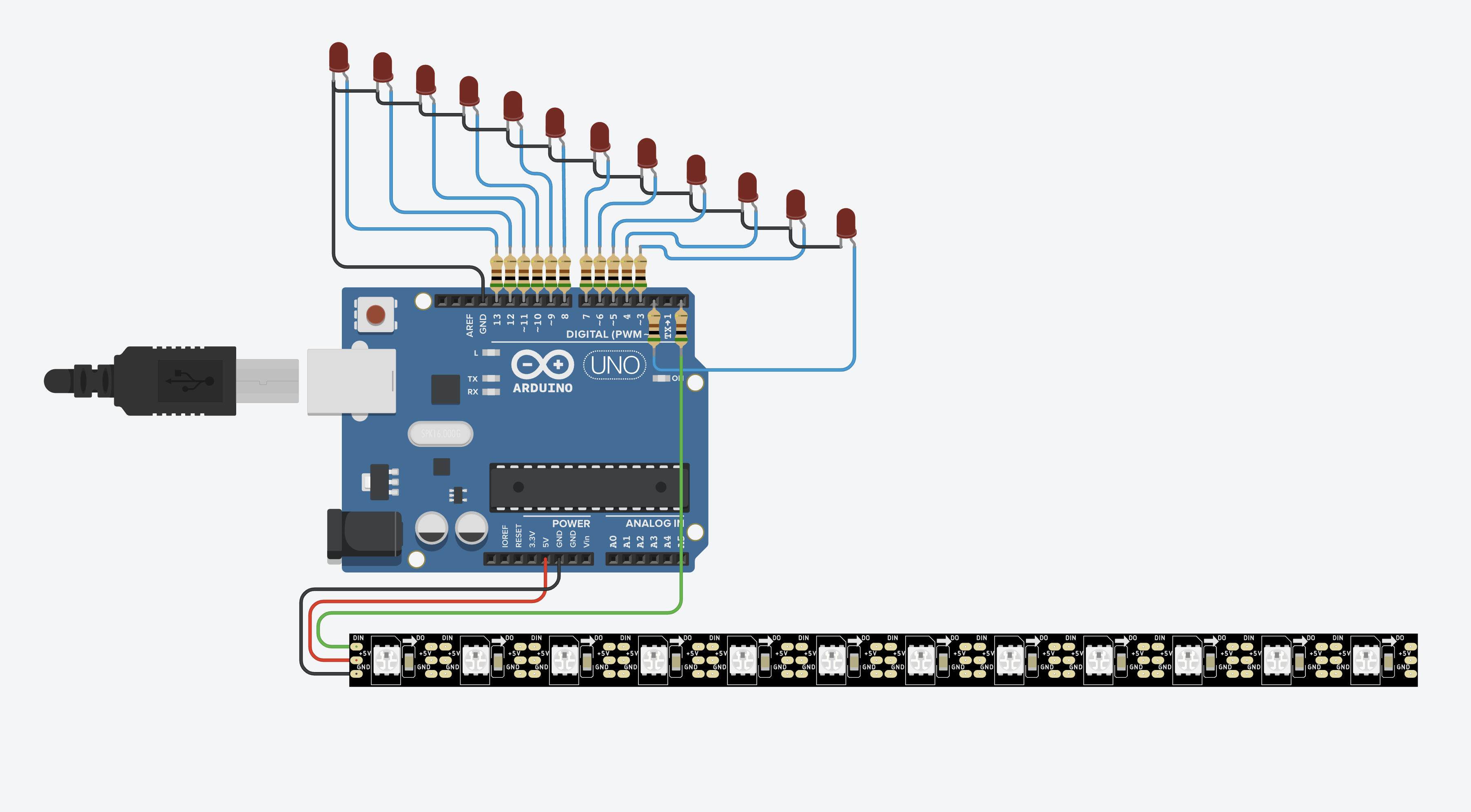 12 individual LEDs vs. an LED strip: with individual LEDs, things quickly get messy and you run out of free pins on the microcontroller. With the LED strip, we only need one data line (plus power and ground).