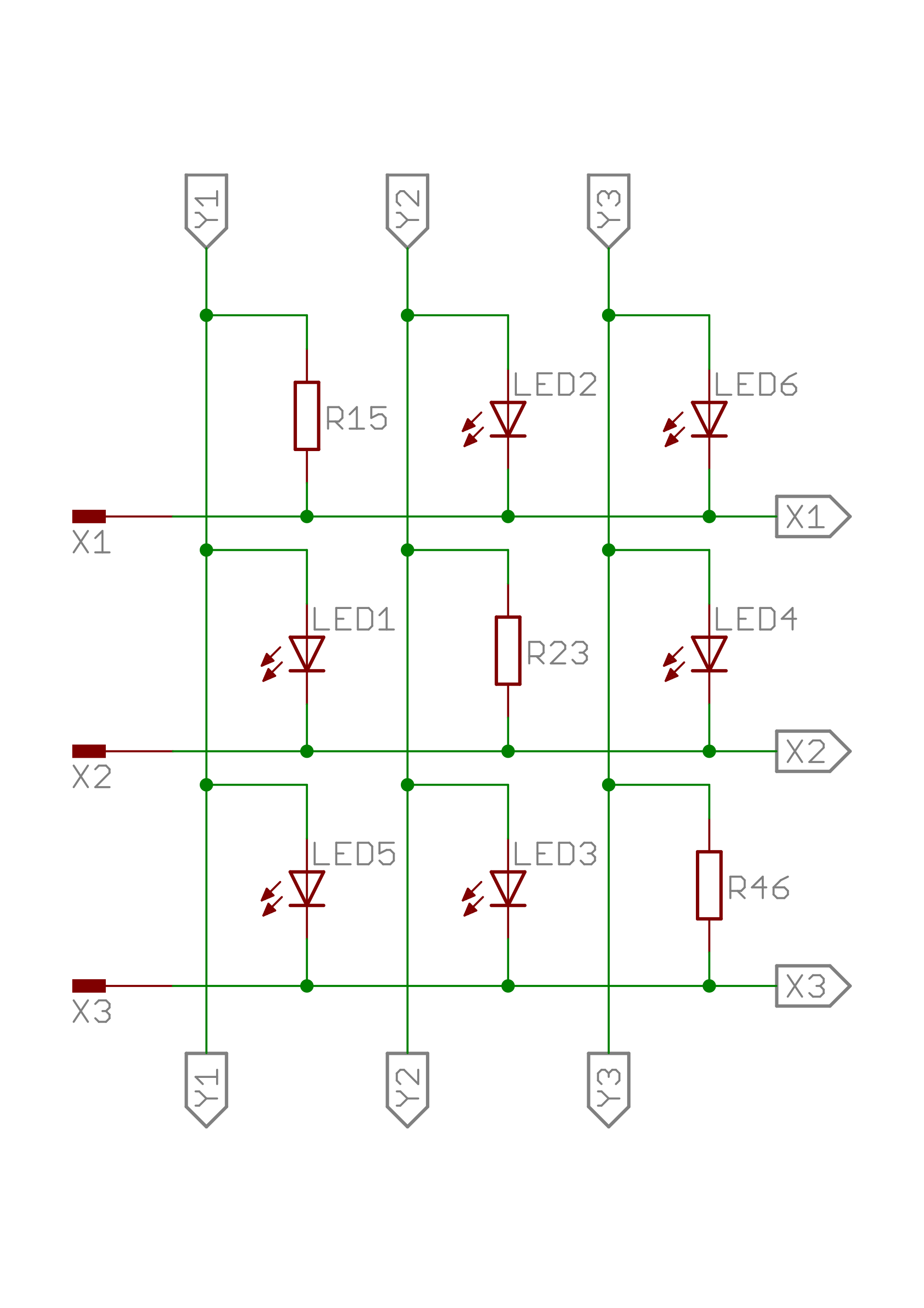 The picture shows a circuit for a 3×2 LED matrix: lots of soldering required!