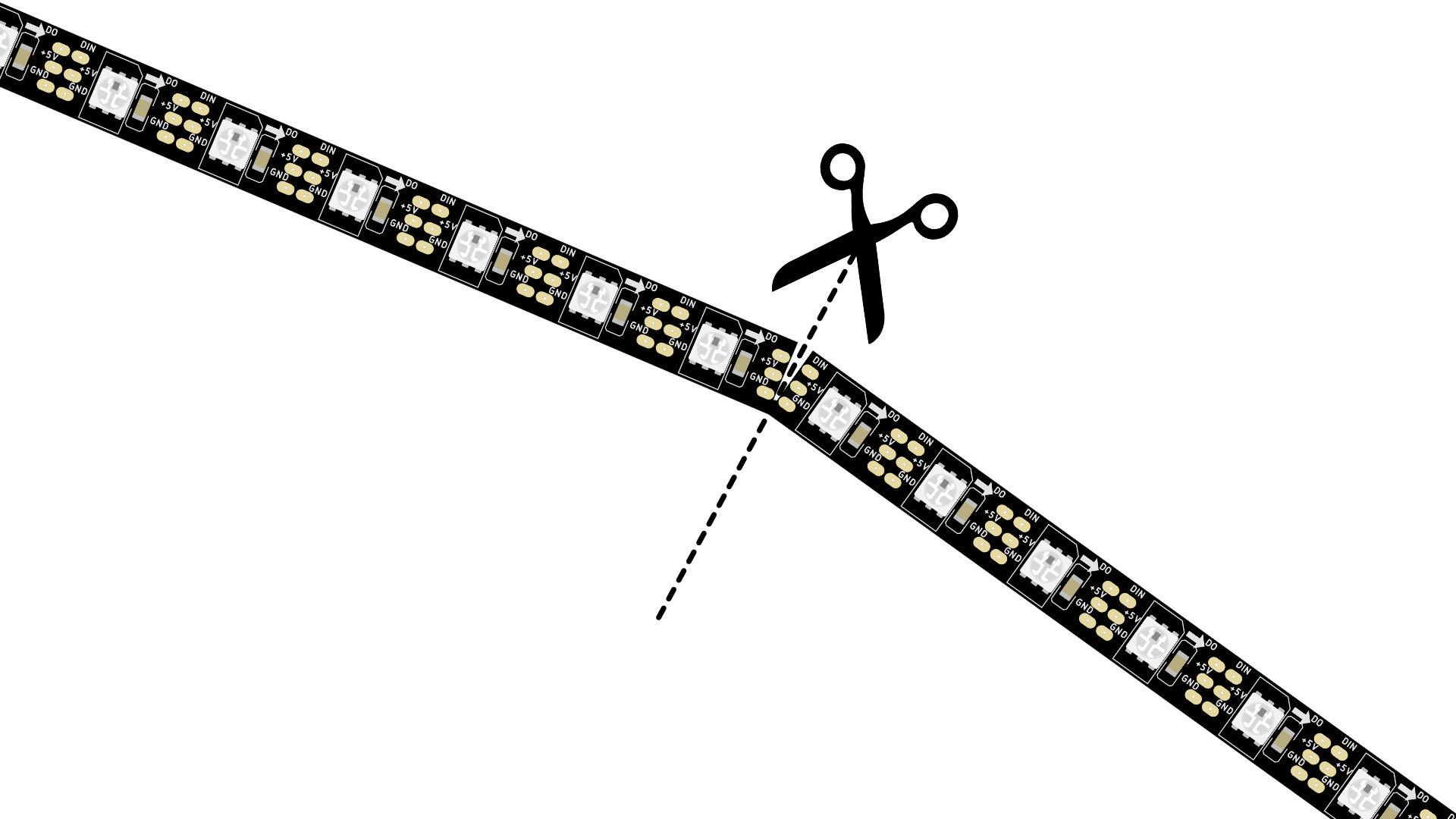 LED strips can be cut at the solder pads