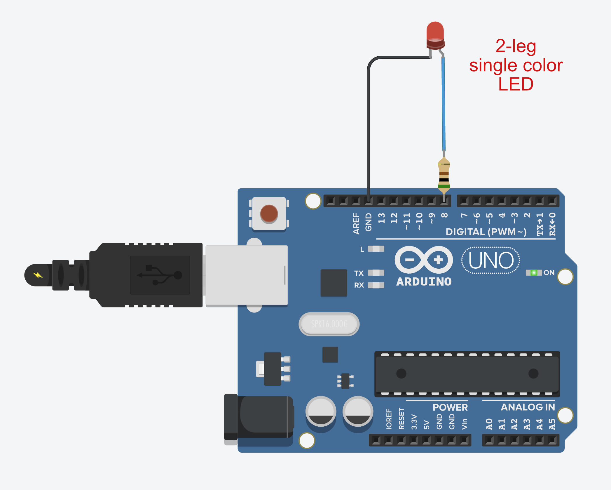 The classic Hello World setup with a two-legged LED: usually the very first Arduino project you build.
