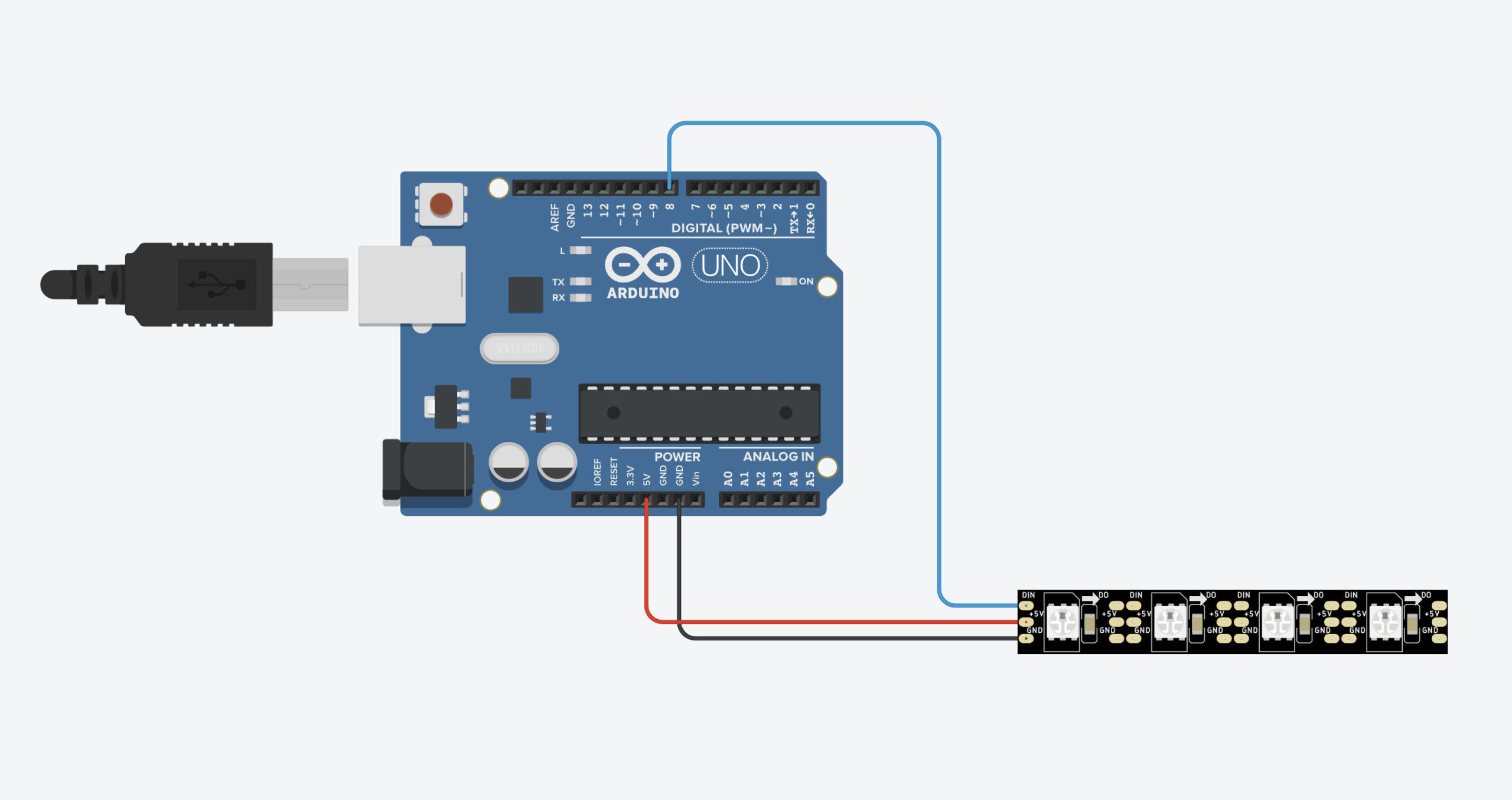 Only one data line is needed to control every single LED.