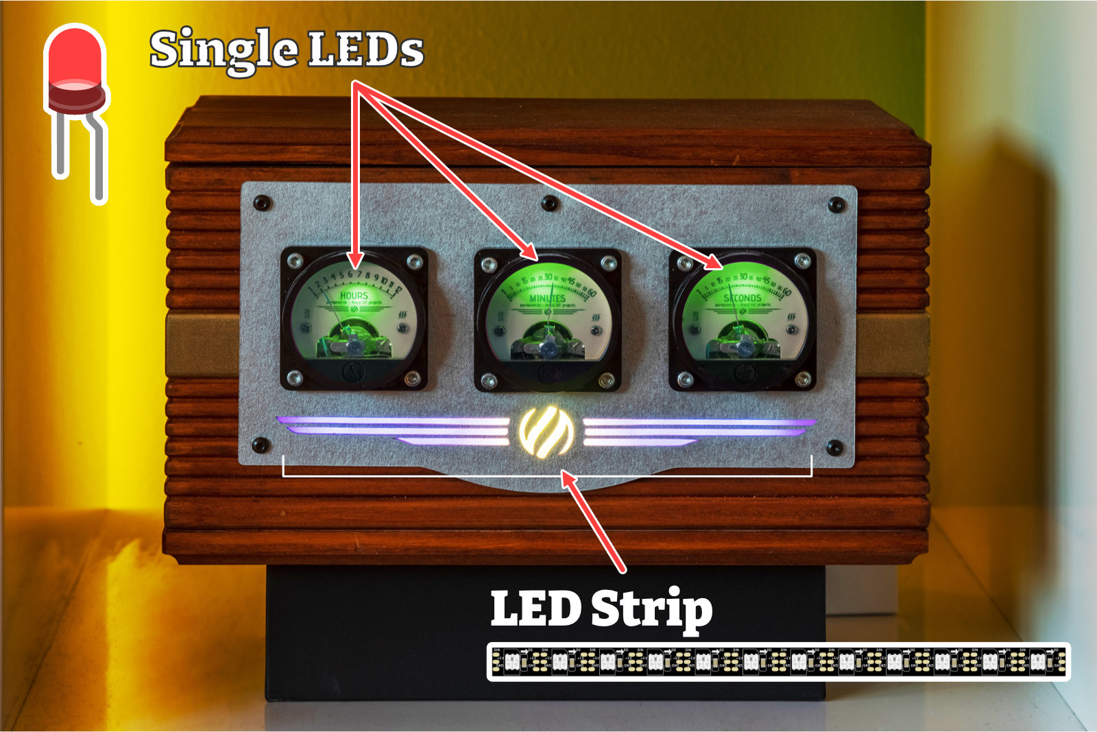 Individual LEDs are built into the time displays. At the bottom there's an LED strip: combined with diffuser paper (tracing paper, frosted paper, baking paper), it lets you create beautiful animated gradients.